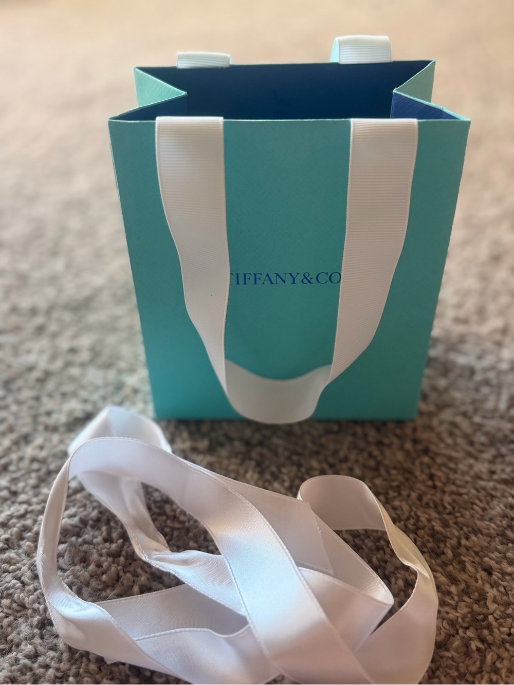 Authentic Tiffany & Co. Robin's-Egg Blue Gift Bag with White Ribbon Handles